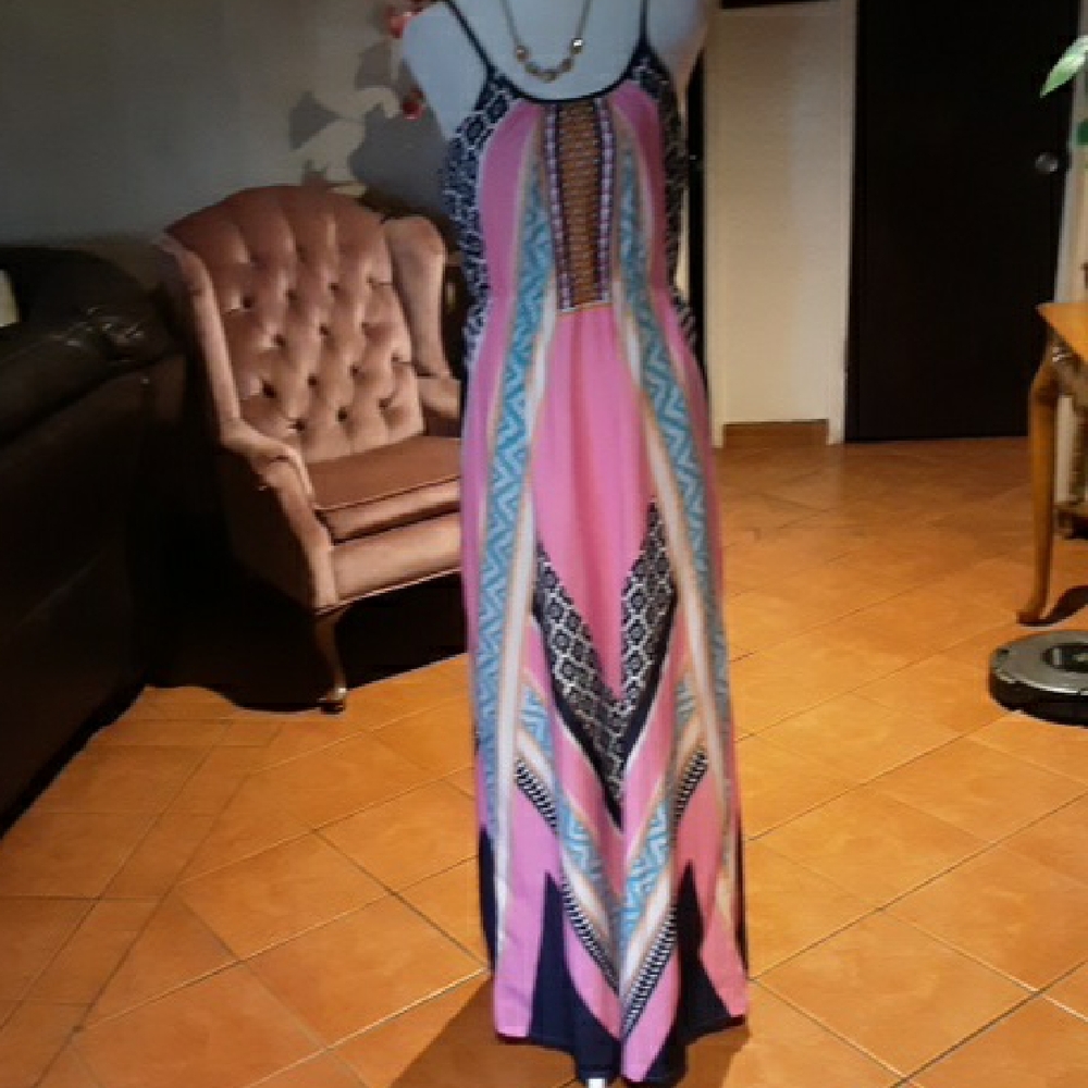 100% Polyester Pink Geometric Maxi Dress